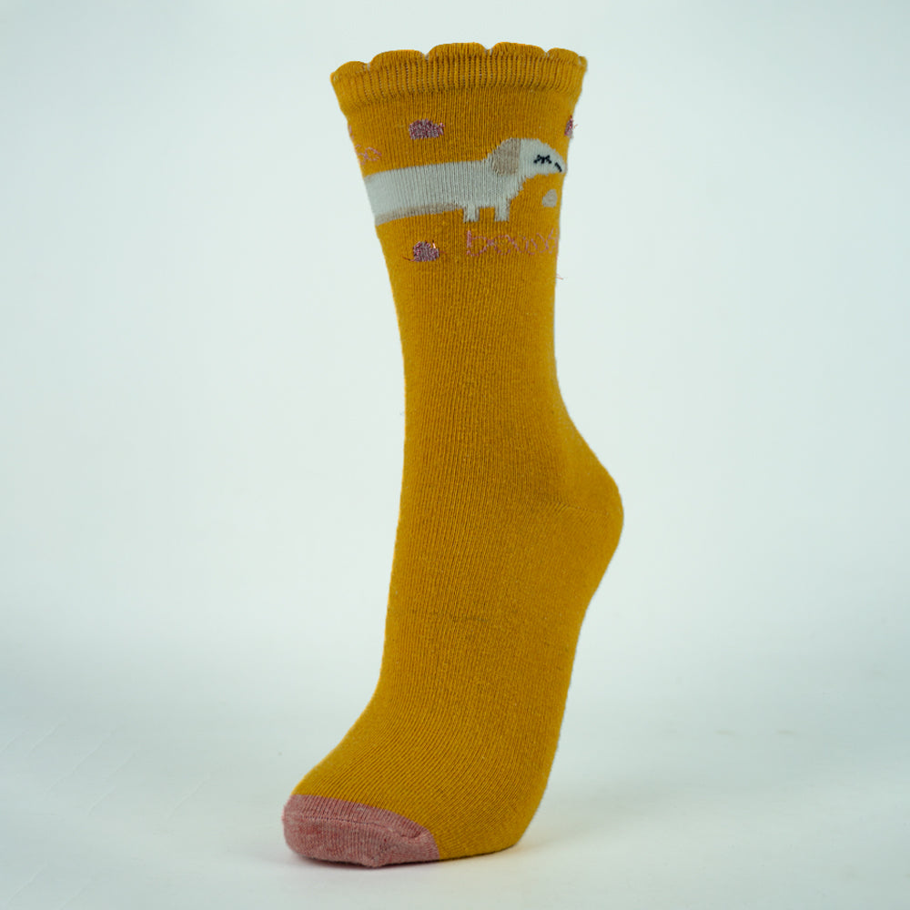 Girls Dachshund Print Mustard Crew Socks