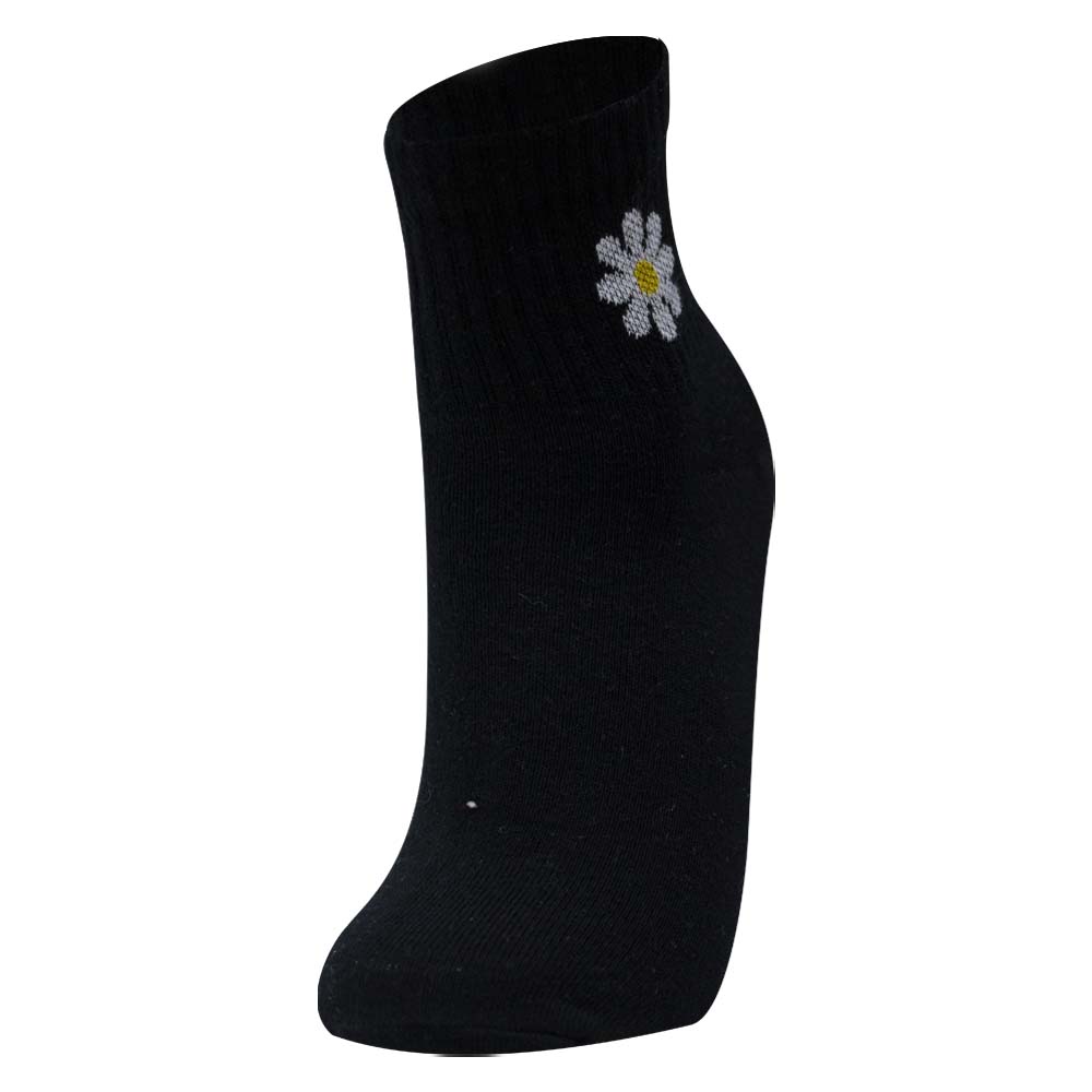 Black With Flower Print Crew Socks