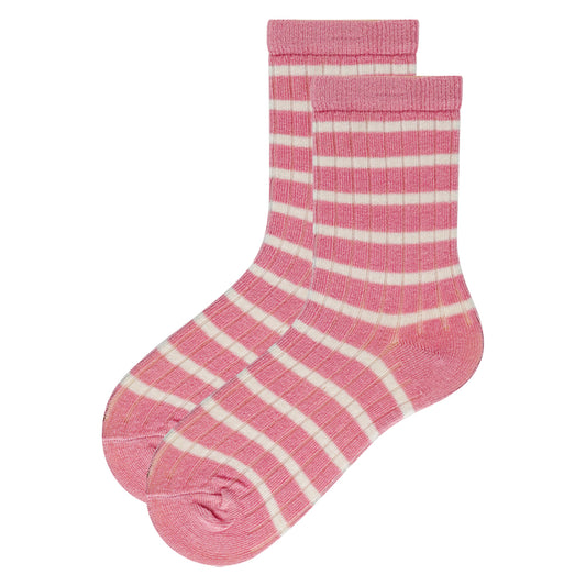 Girl Pink & White Striped Ribbed Crew Socks