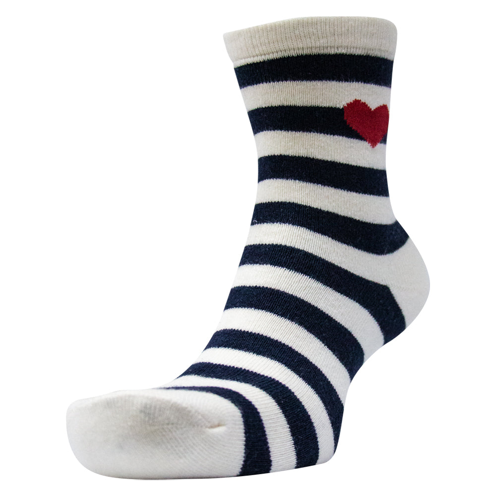 Women Navy Stripe & Red Heart Crew Socks