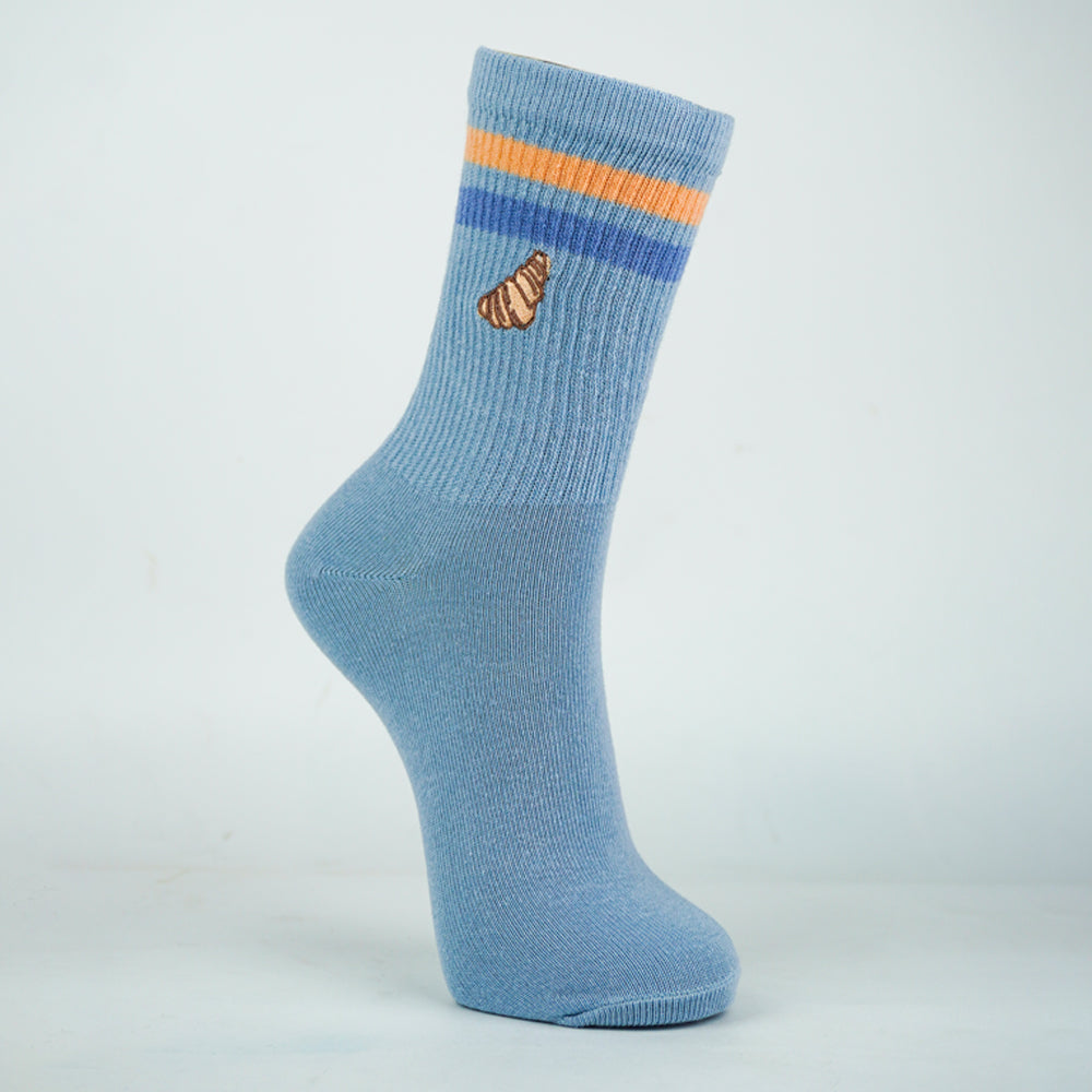 Unisex Blue Croissant Embroidery Crew Socks
