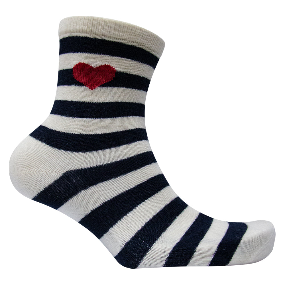 Women Navy Stripe & Red Heart Crew Socks