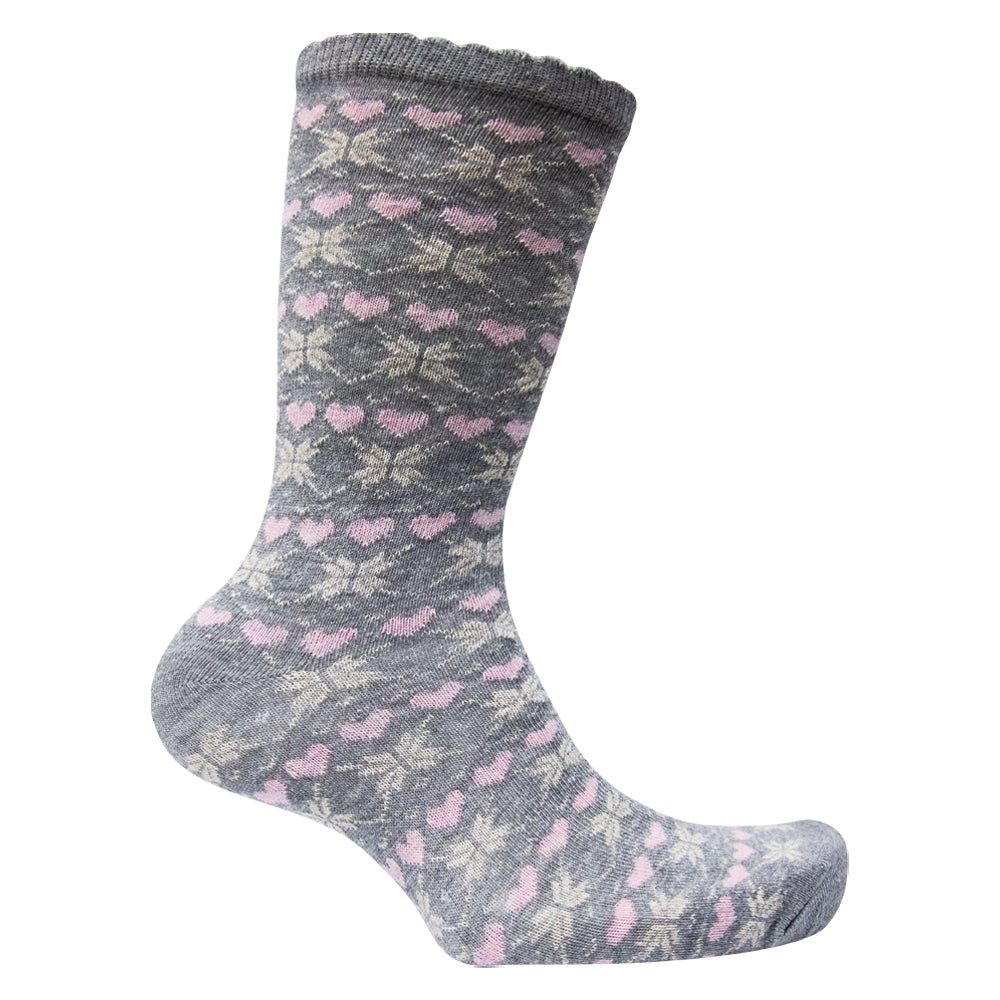 Women Grey with Pink Heart Print Crew Socks