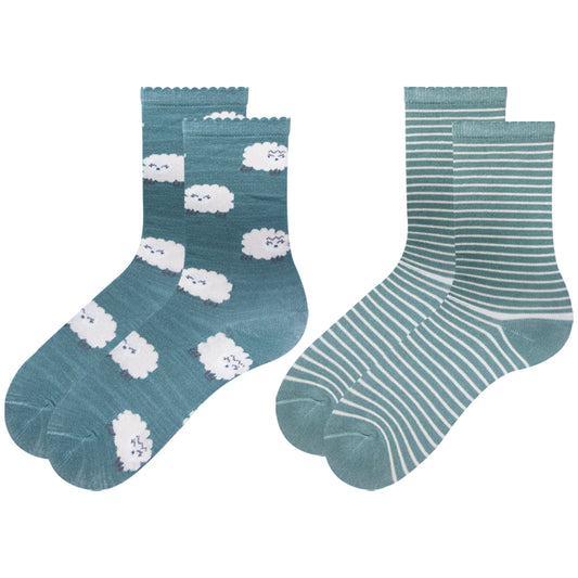 Pack of 2 - Girls’ Cute Sheep & Stripes Crew Socks