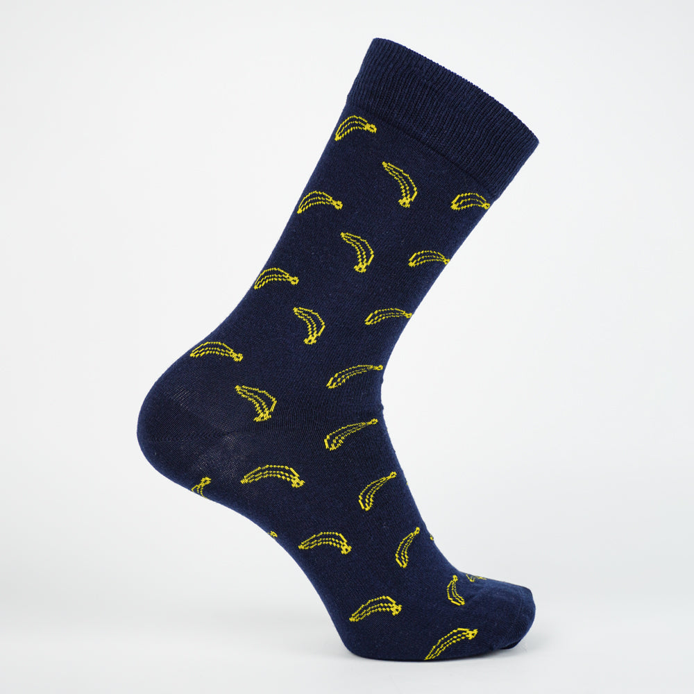 Banana Print Navy Blue Crew Socks
