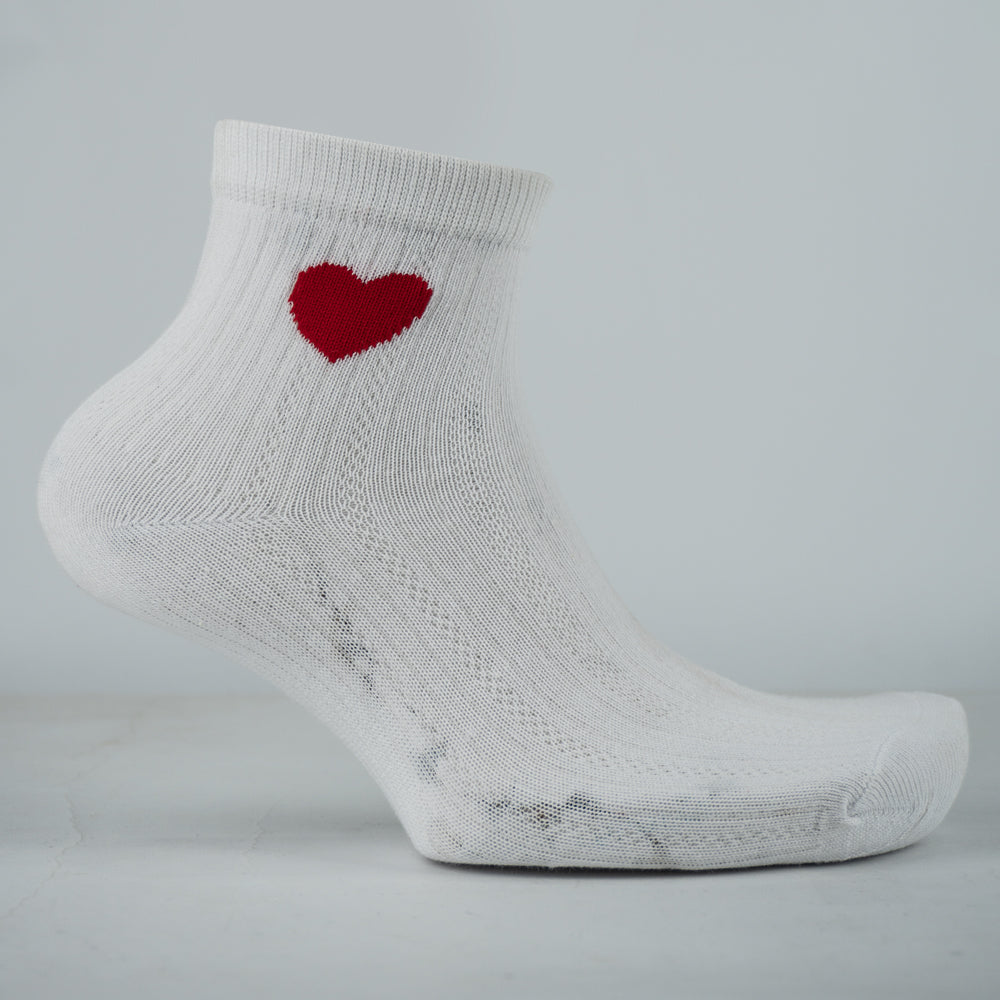Women White Ankle Socks with Red Heart