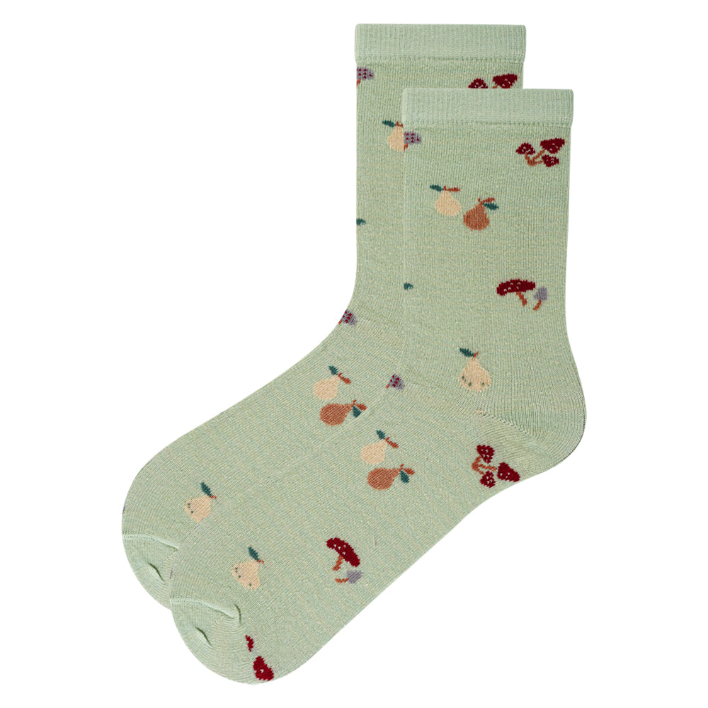 Girls Mushroom & pear Print Crew Green Socks