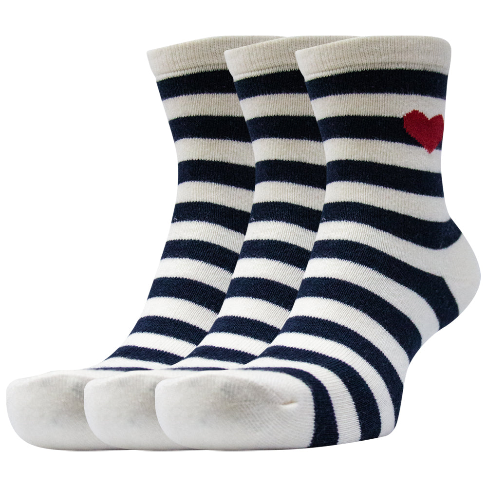 Women Navy Stripe & Red Heart Crew Socks