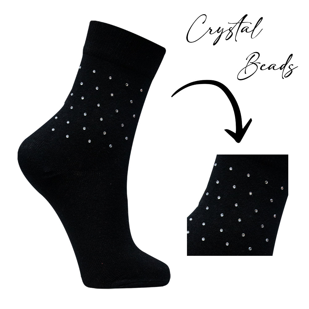 Black Crystal Beaded Crew Socks For Girls