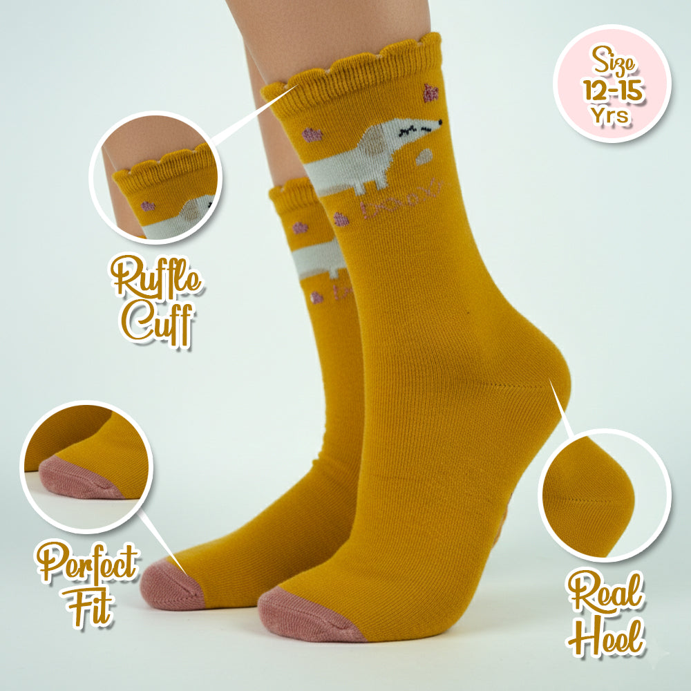 Girls Dachshund Print Mustard Crew Socks