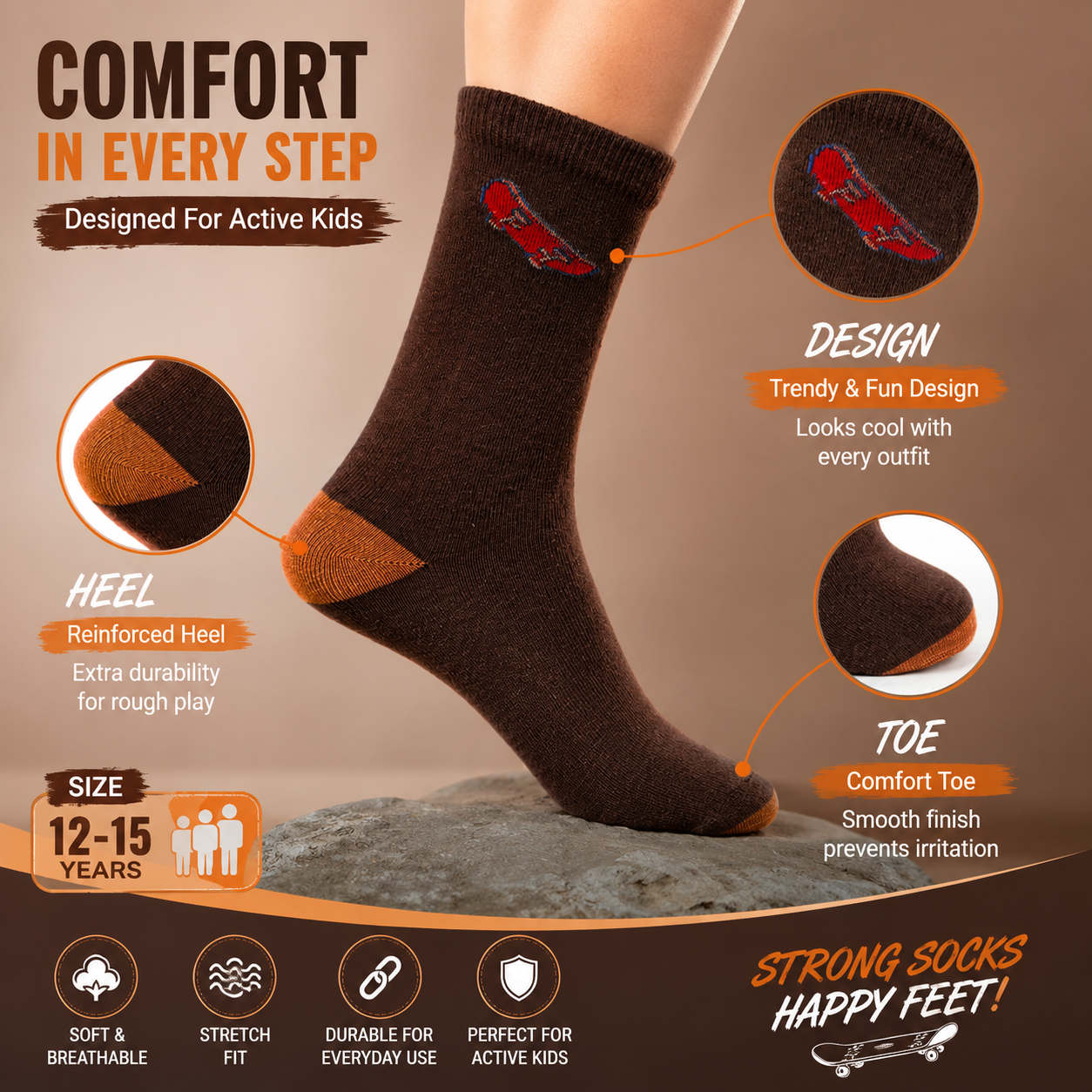Boys Brown Skater Crew Socks