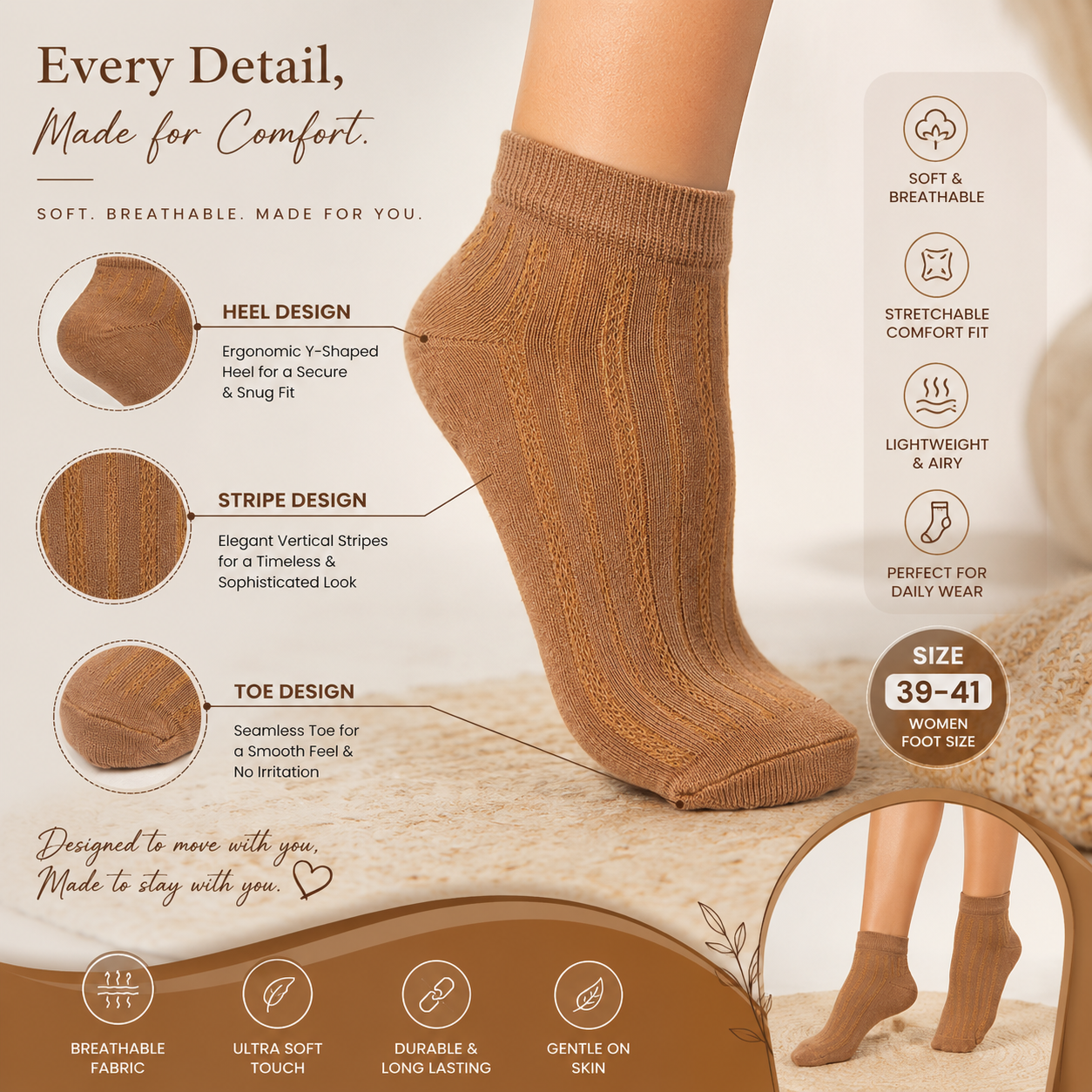 Women Ribbed Ankle Brown Socks