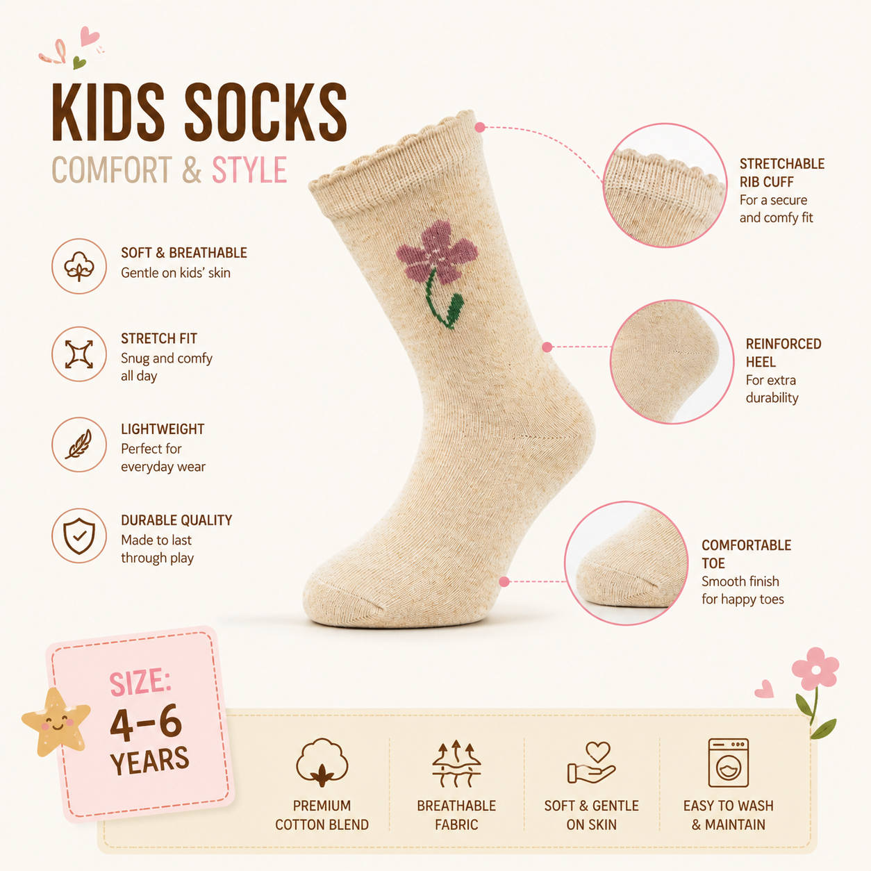Girls Floral Scallop-Edge Crew Socks