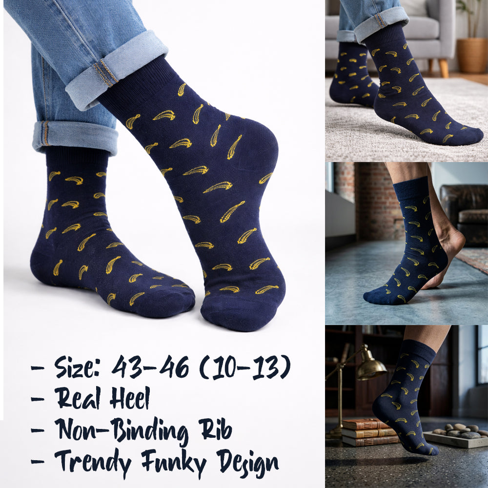 Banana Print Navy Blue Crew Socks