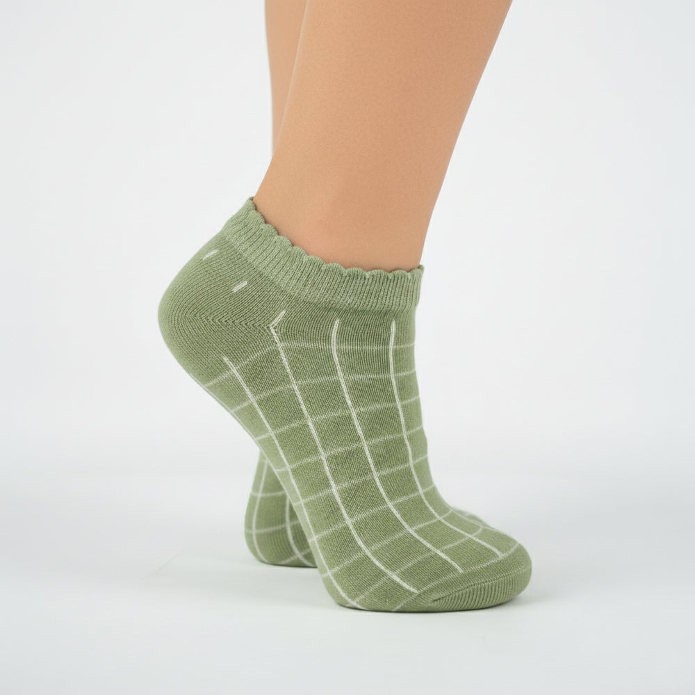 Girls Sage Green Grid Ankle Socks