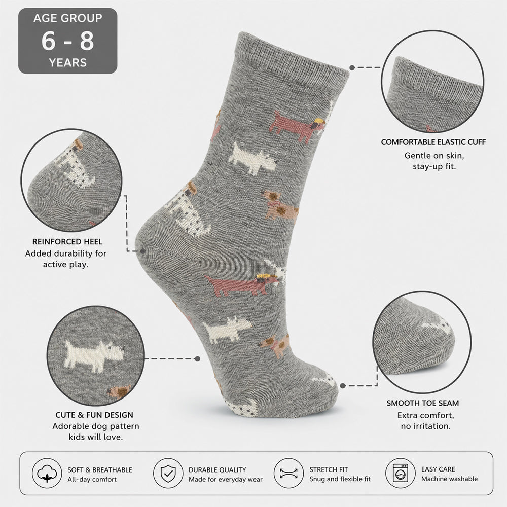 Girls Dog Print Cotton Grey Socks