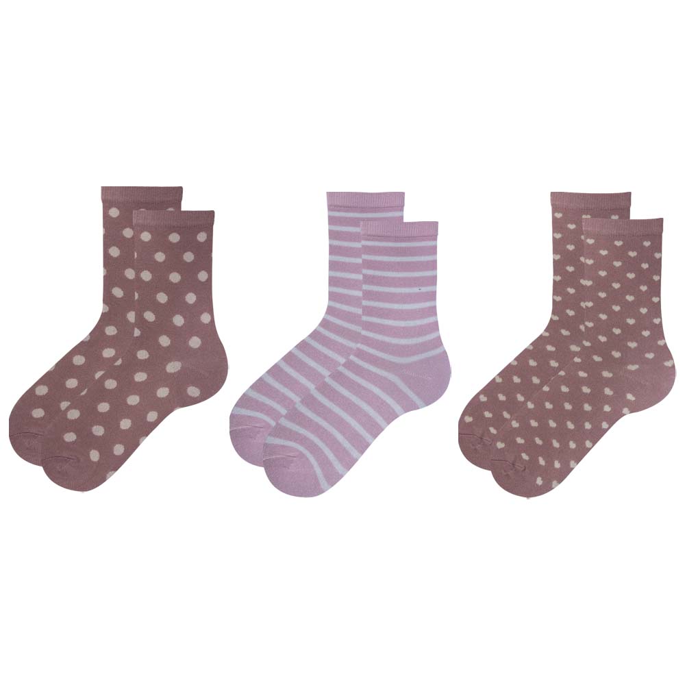 Pack of 3 - Girls Polka Dot , Heart Design & Striped Print Crew Socks