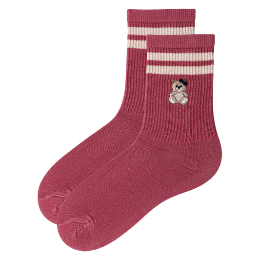Girls Bear Embroidered Crew Socks
