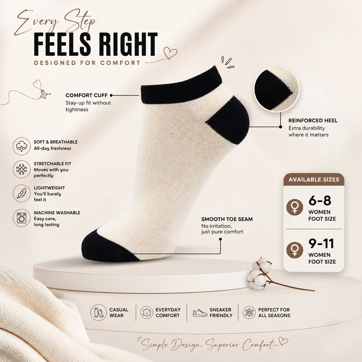 Women's Beige with Black Ankle Socks