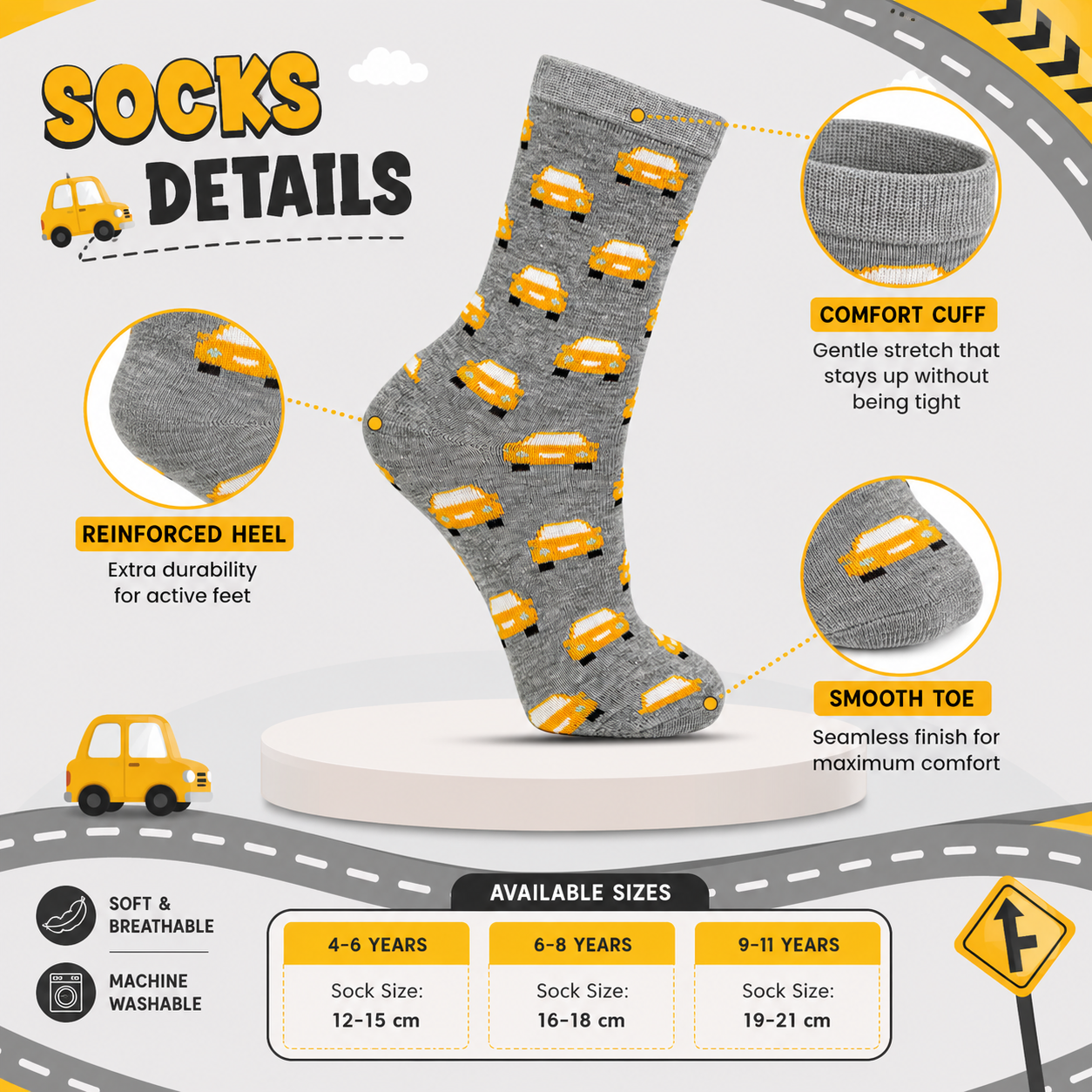 Boys Car Print Crew Grey Socks