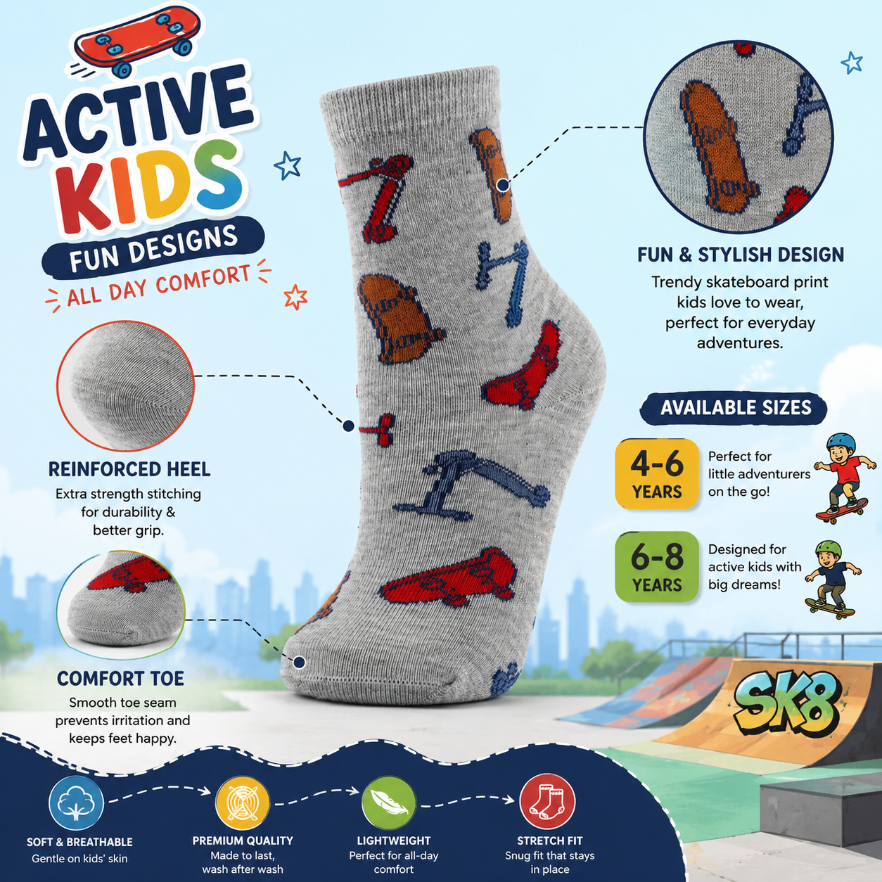 Boys Skater & Scooter Print Crew Socks