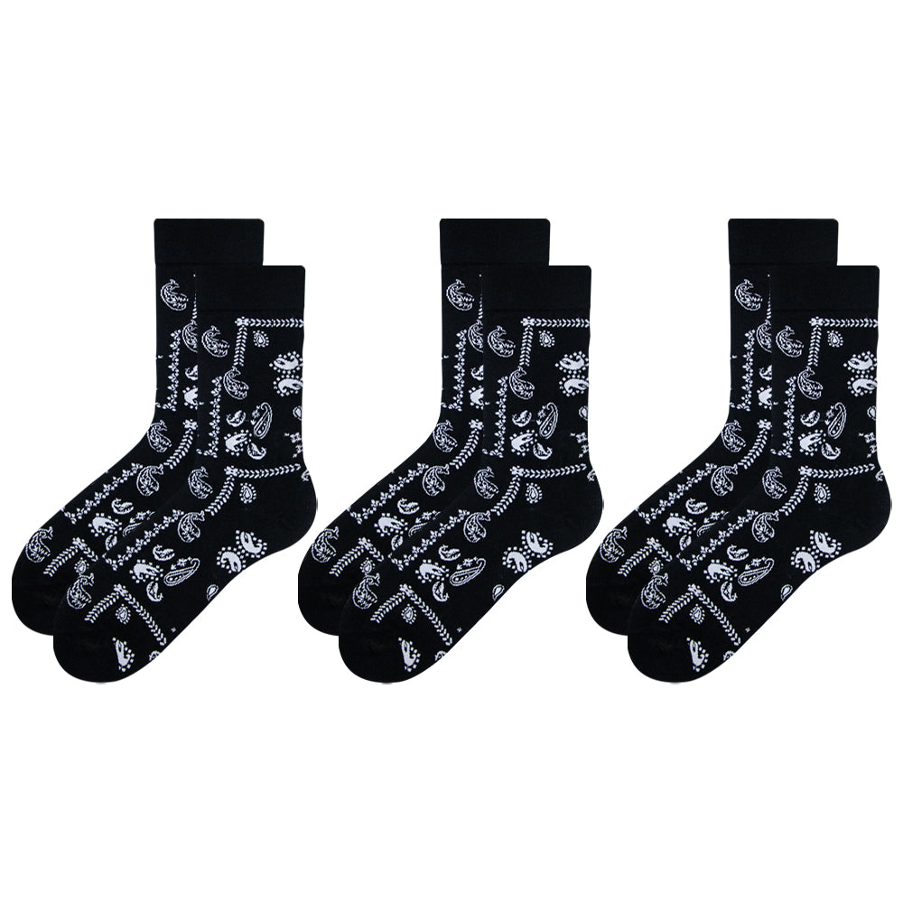 Pack of 3 - Men Mandala Trendy Black Patterned Crew Socks