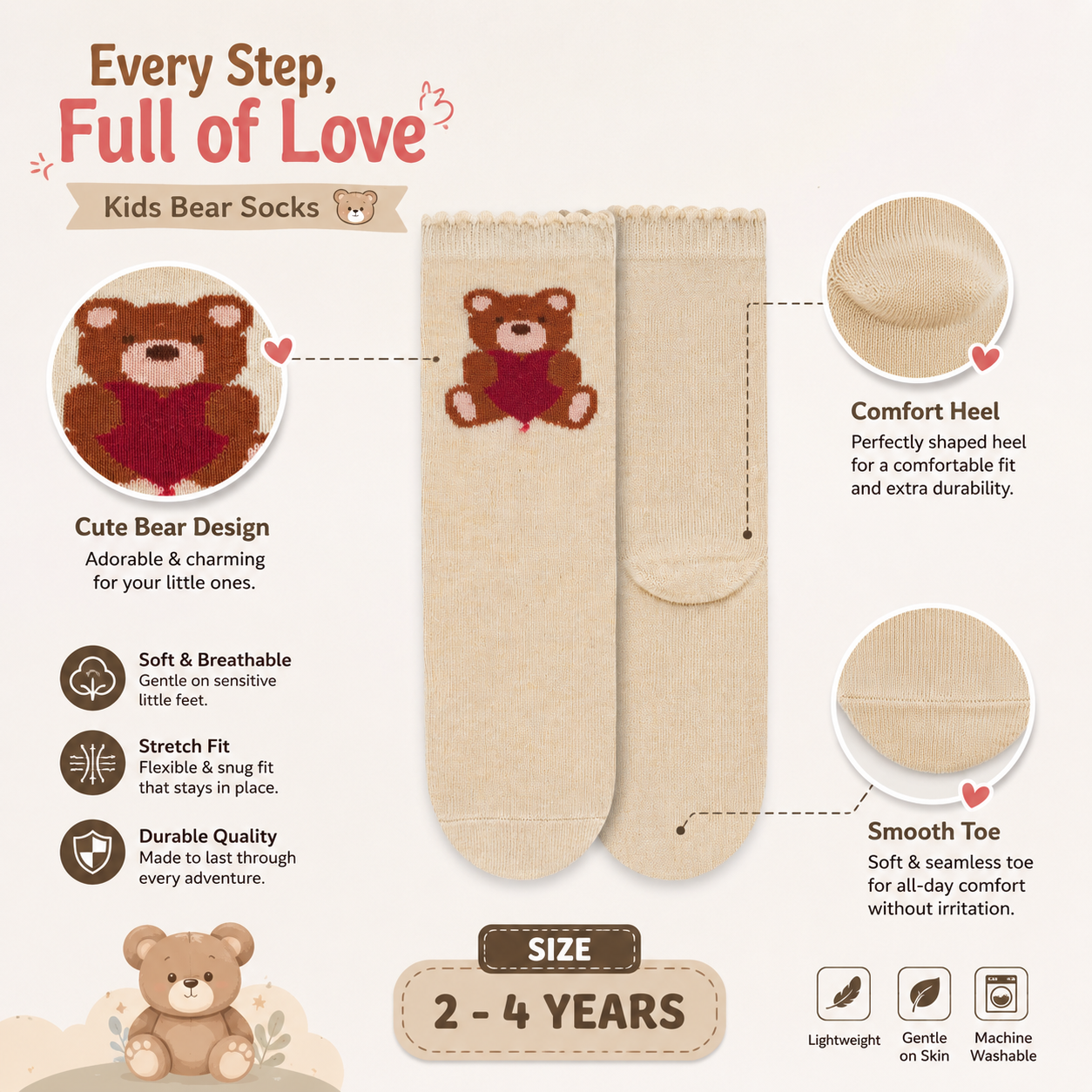 Heart Teddy Bear Girls Socks