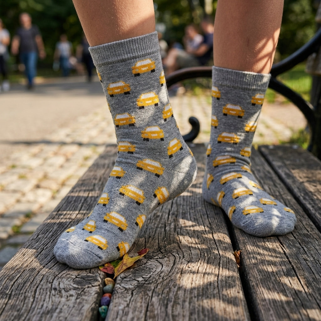 Boys Car Print Crew Grey Socks