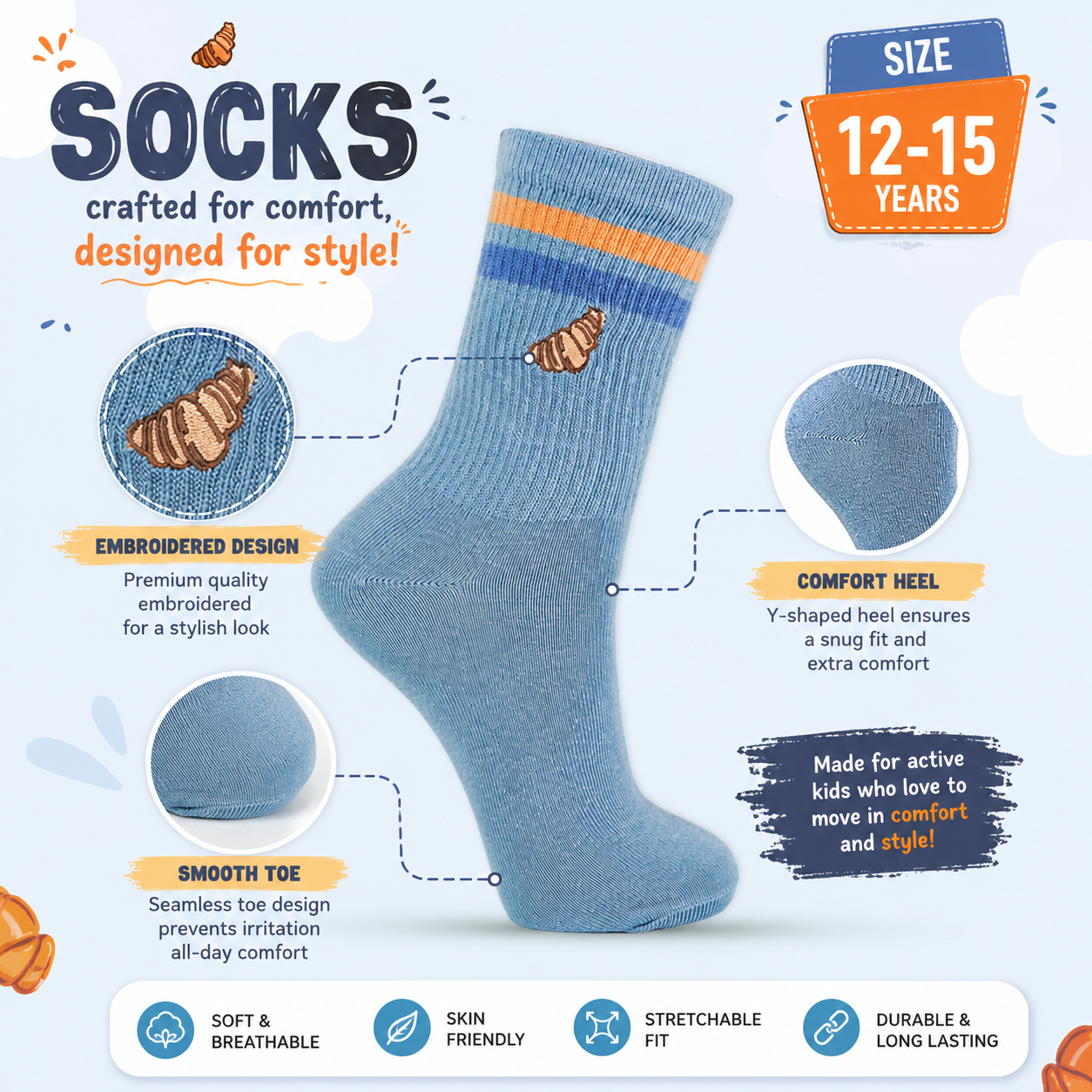 Unisex Blue Croissant Embroidery Crew Socks