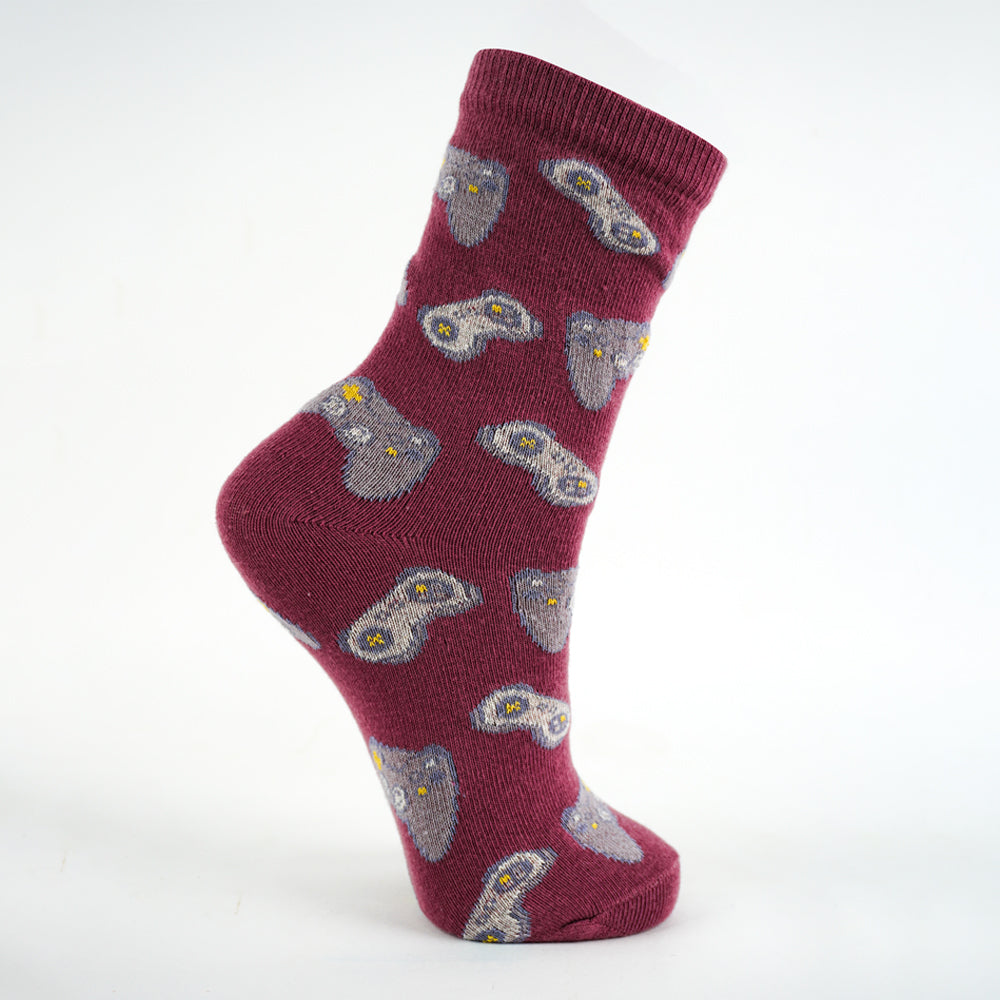 Boys Gaming Controller Print Crew maroon Socks