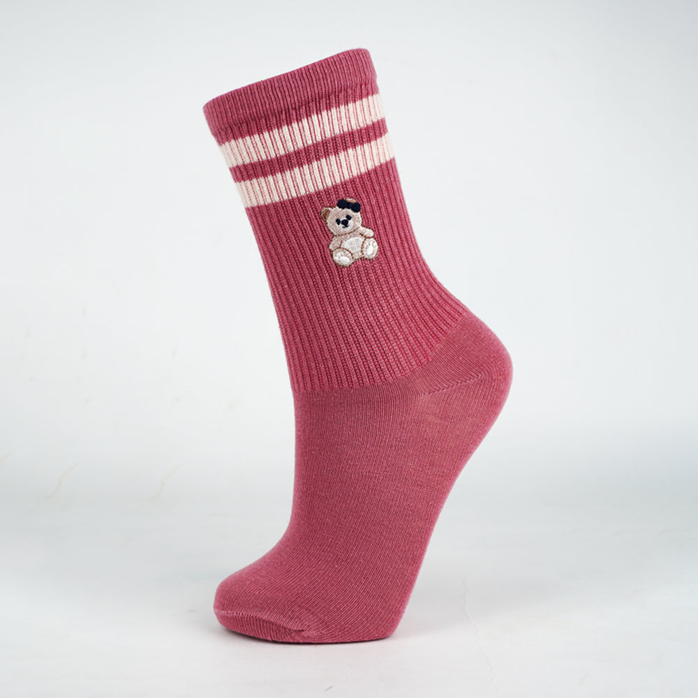 Girls Bear Embroidered Crew Socks