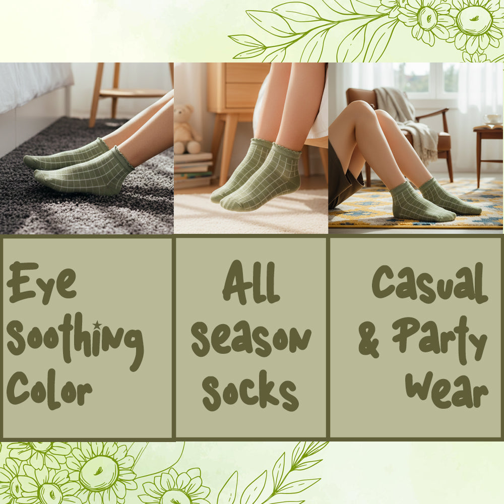 Girls Sage Green Grid Ankle Socks
