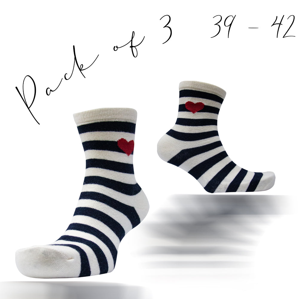 Women Navy Stripe & Red Heart Crew Socks