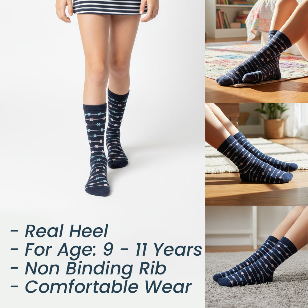 Girls Navy Floral Crew Socks
