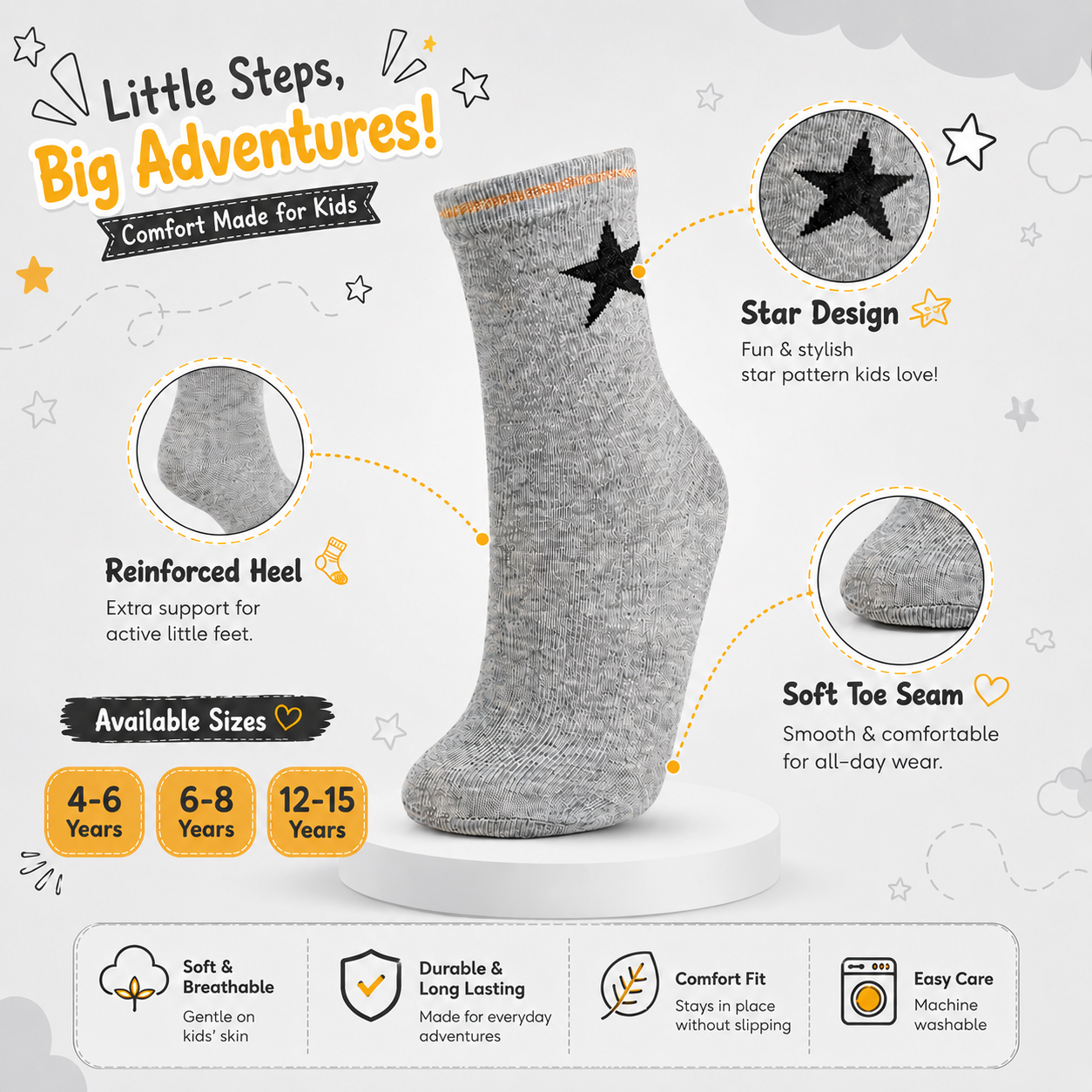Girls Star-Print Crew Grey Socks