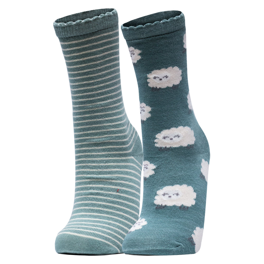 Pack of 2 - Girls’ Cute Sheep & Stripes Crew Socks