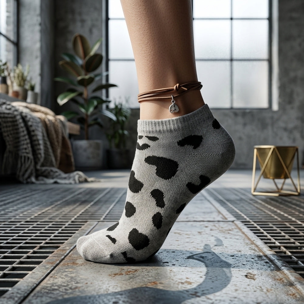 Women Grey Cheetah Print Ankle Socks