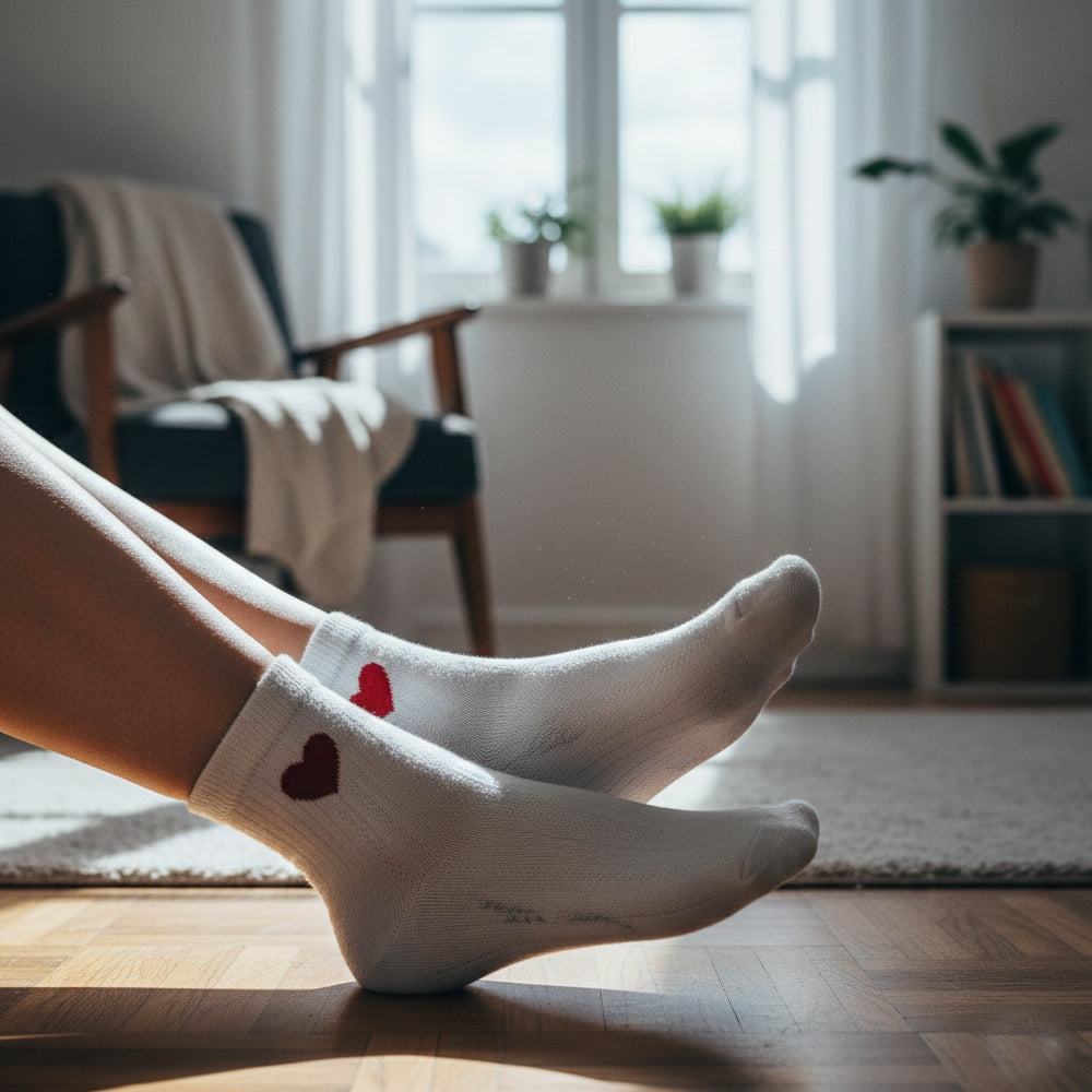 Women White Ankle Socks with Red Heart