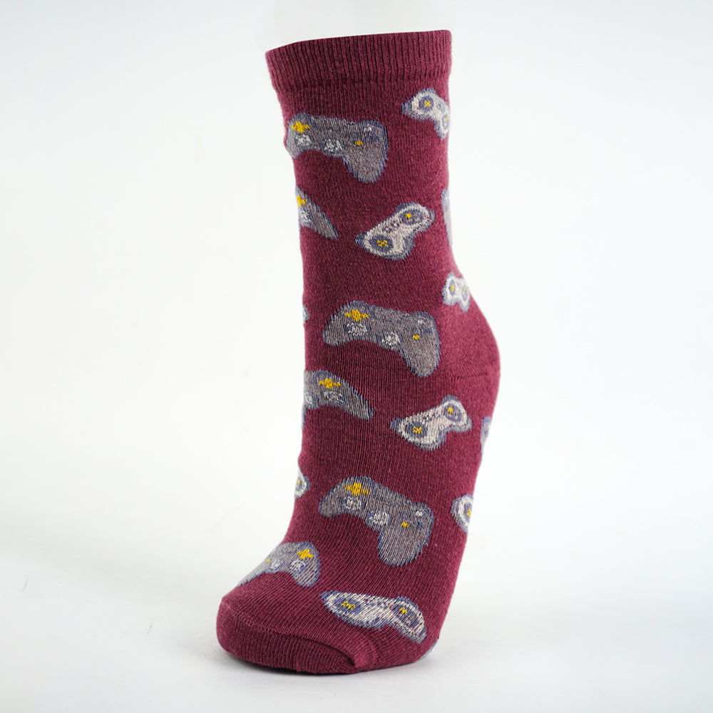 Boys Gaming Controller Print Crew maroon Socks