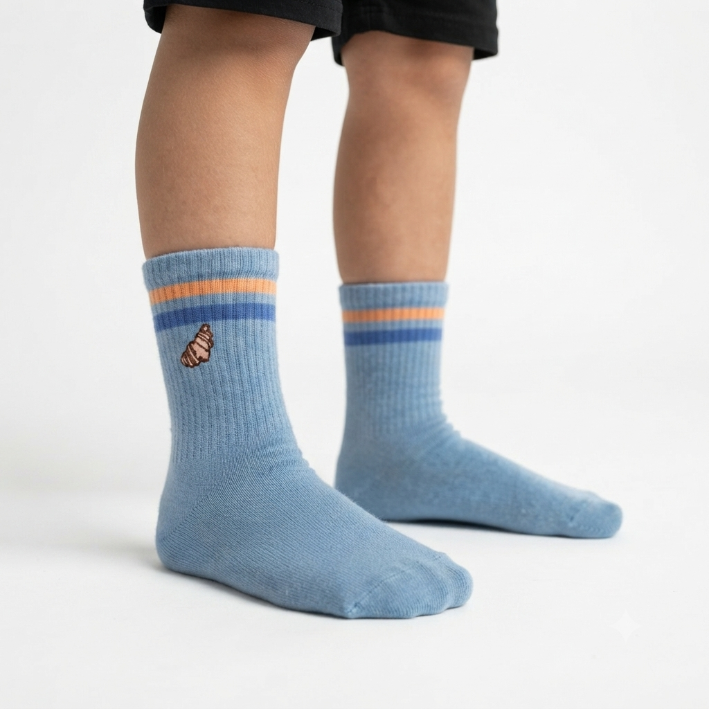 Unisex Blue Croissant Embroidery Crew Socks