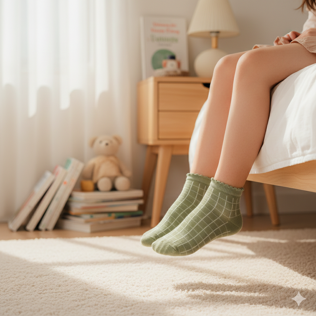 Girls Sage Green Grid Ankle Socks