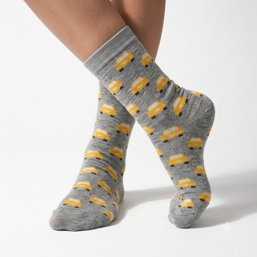 Boys Car Print Crew Grey Socks