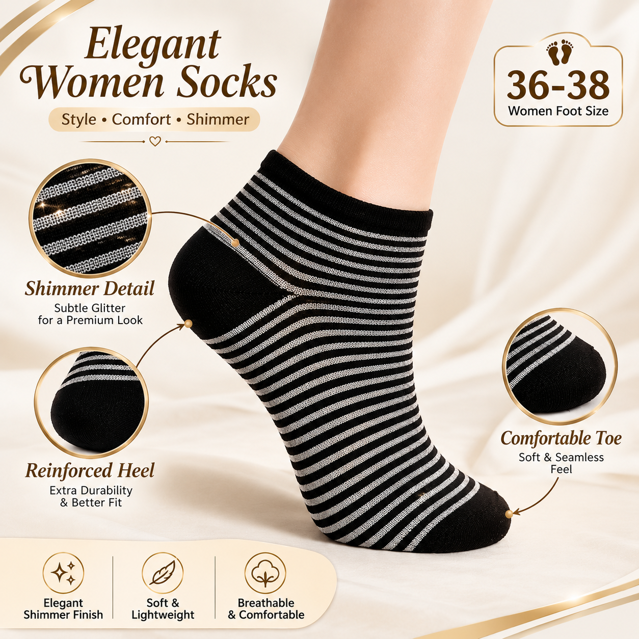 Women Sparkle Stripe Ankle Socks