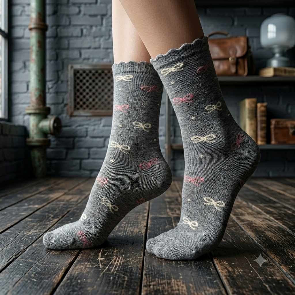 Girls Ribbon Print Crew Socks