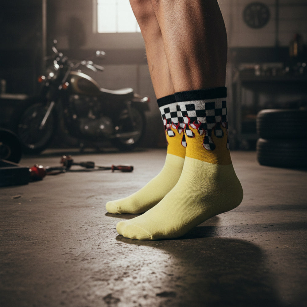 Men Retro Flame & Checkerboard Crew Socks