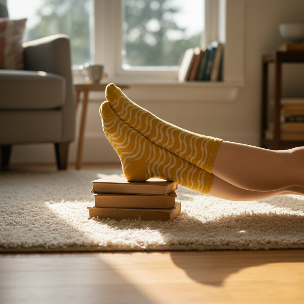 Women Yellow Wave Pattern Crew Socks