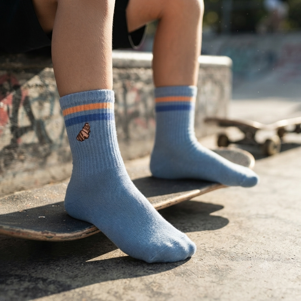 Unisex Blue Croissant Embroidery Crew Socks