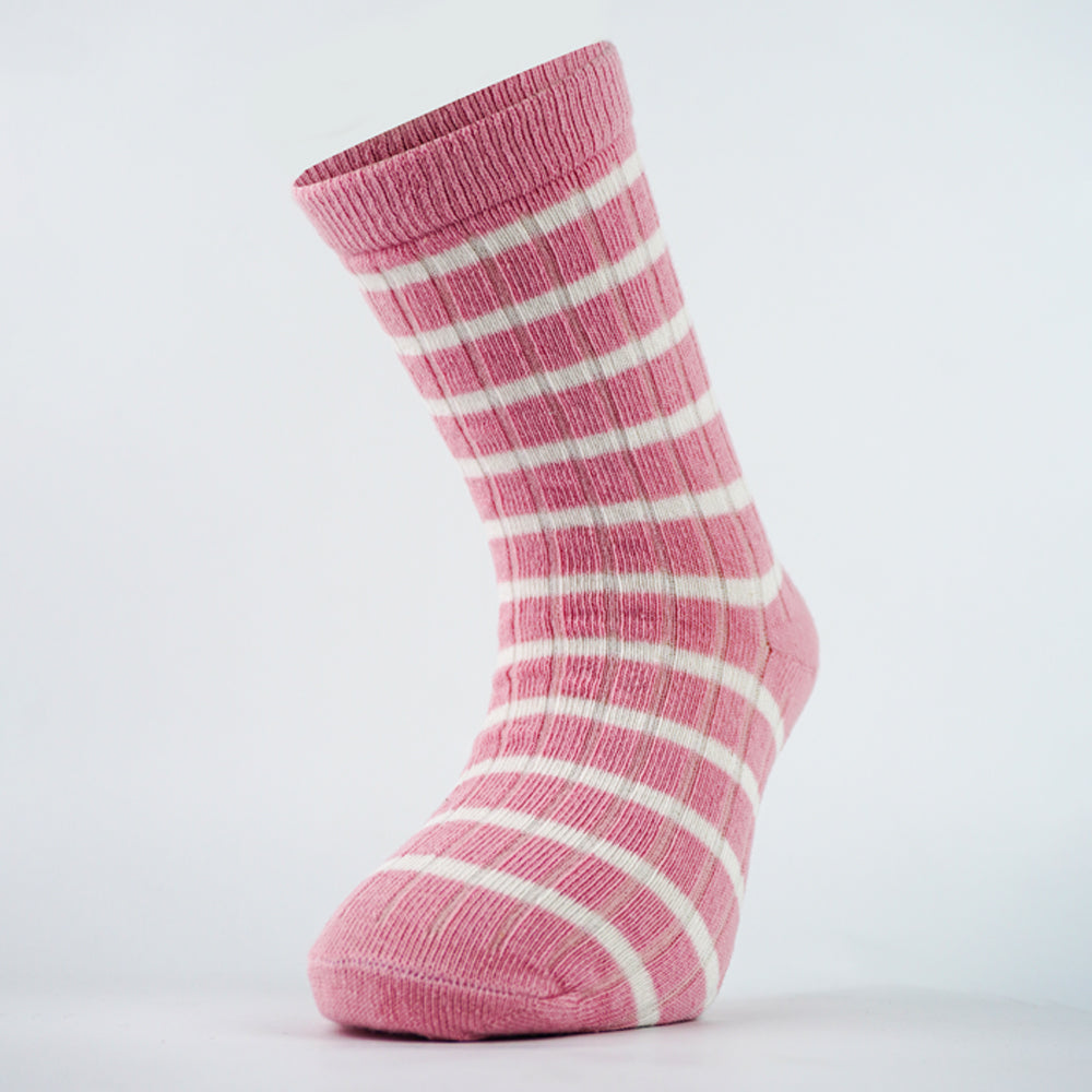 Girl Pink & White Striped Ribbed Crew Socks