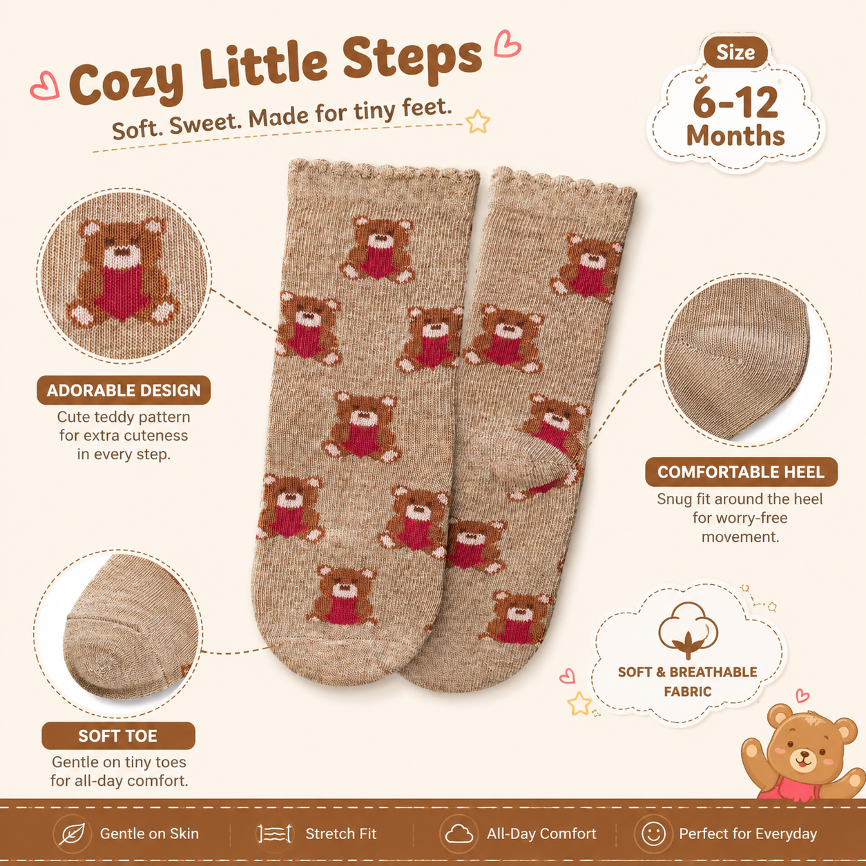 Teddy Bear Print Ankle Socks for Baby Girls