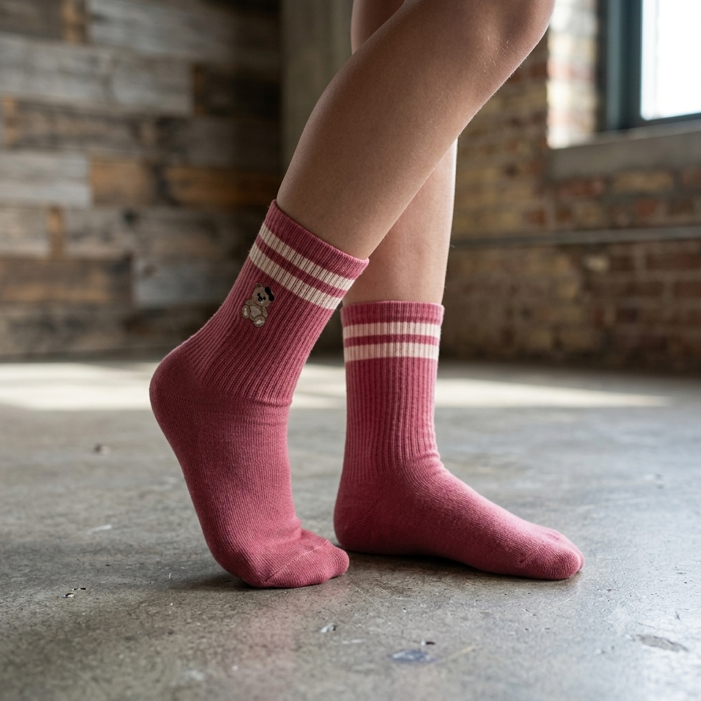 Girls Bear Embroidered Crew Socks